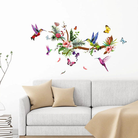 Three Sheets Hummingbird Wall Stickers Set With Flowers And Birds Easy Peel And Stick Vinyl Clings above sofa in living room