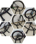 Beefy Heavy Duty Bicycle Parking Stand Floor And Wall Mounted Rack for Mountain Road and Kids Bikes shown holding bike wheels
