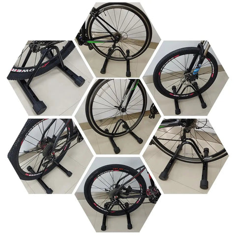 Beefy Heavy Duty Bicycle Parking Stand Floor And Wall Mounted Rack for Mountain Road and Kids Bikes shown holding bike wheels