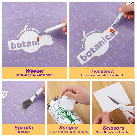 Pro Grade Craft Vinyl Weeding Tools Kit With Hook Weeder Hook Tweezers Scissors With Removable Cover Spatula And Scraper Durable Corrosion Resistant Set For Vinyl Crafting And Heat Transfer Projects. 5-piece set on cutting mat