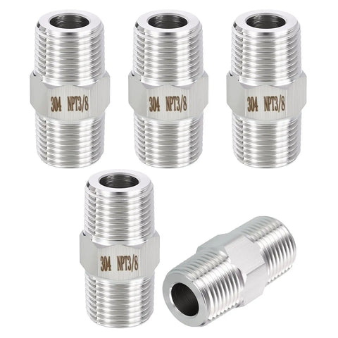 Five Pack Beefy 304 Stainless Steel Pipe Fittings Three Eighths Inch Male NPT To Three Eighths Inch Male NPT Hex Nipple Adapters