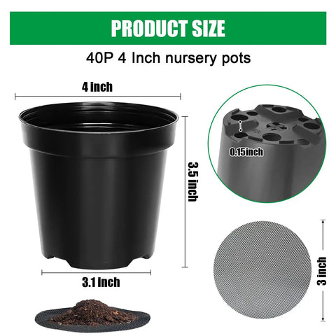 40 Pack 4 Inch Plant Nursery Pots With Mesh Pad And Drainage Holes, Sturdy Plastic Seed Starter Planters For Seedlings, Black