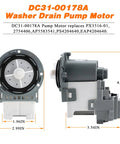 Samsung Front Load Washer Drain Pump Motor Upgrade For DC31 00187A 00178D shown with measurements