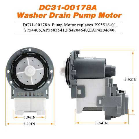 Samsung Front Load Washer Drain Pump Motor Upgrade For DC31 00187A 00178D shown with measurements