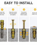 Installation steps for 6x14mm Short Expansion Cabinet Hinge Repair Screws And Anchors Kit for cabinets doors and shelves.