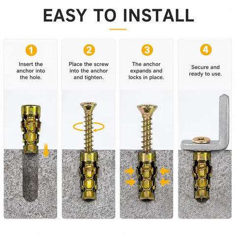 Installation steps for 6x14mm Short Expansion Cabinet Hinge Repair Screws And Anchors Kit for cabinets doors and shelves.
