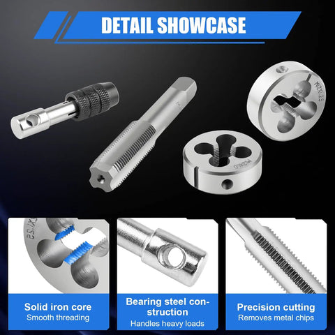 Pro Grade All In One Metric Tap And Die Set Kit With Storage Case M2 To M18 Thread Repair showing tool details and features