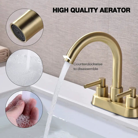 Brushed Gold 4 Inch Centerset Bathroom Faucet With Two Handles For 3 Hole Lavatory Vanity Sink Overflow Pop Up Drain CUPC Water Supply Lines Spot Resist Finish Lead Free Stainless Steel No Fuss Renovation Kit showing water flow and aerator details.