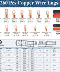 All In One Copper Wire Lugs Kit with illustrated 260 lugs, 140 terminals, gauge sizes 2-12 for marine, auto, home use