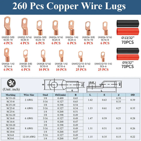 All In One Copper Wire Lugs Kit with illustrated 260 lugs, 140 terminals, gauge sizes 2-12 for marine, auto, home use