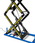 Heavy Duty Wireless Remote Electric Scissor Lift Table With 2200 Lb Capacity, showing hydraulic system and striped safety design.