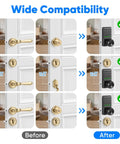 Game Changer Keyless Entry Deadbolt Door Lock with Sleek Knobs supports easy compatibility upgrade on doors shown before and after.