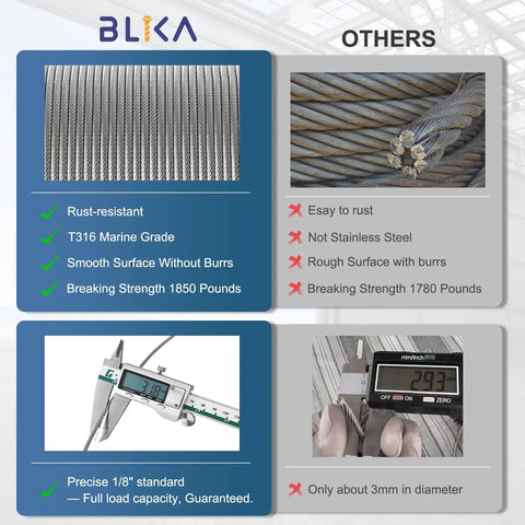Comparison of rust-resistant T316 marine grade cable vs others, highlighting smooth surface and 1850 lbs strength for deck railing.