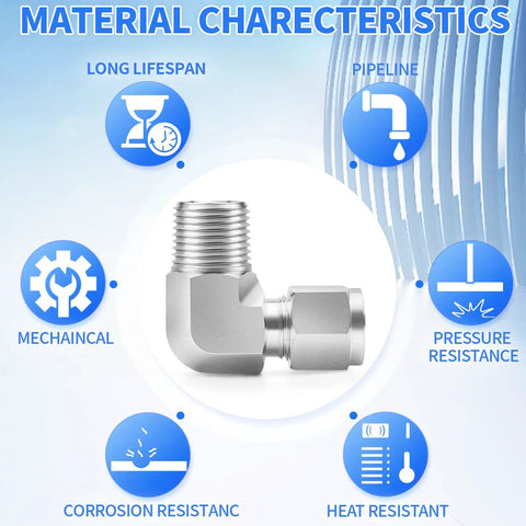 304 Stainless Steel 3/8 Inch Tube OD To 1/4 Inch NPT Male 90 Degree Elbow Compression Fitting with material characteristics