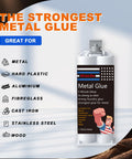 Product label showing Rugged Metal Repair Epoxy for steel, iron, aluminum, and fiberglass bonding, 1.76 oz tube.