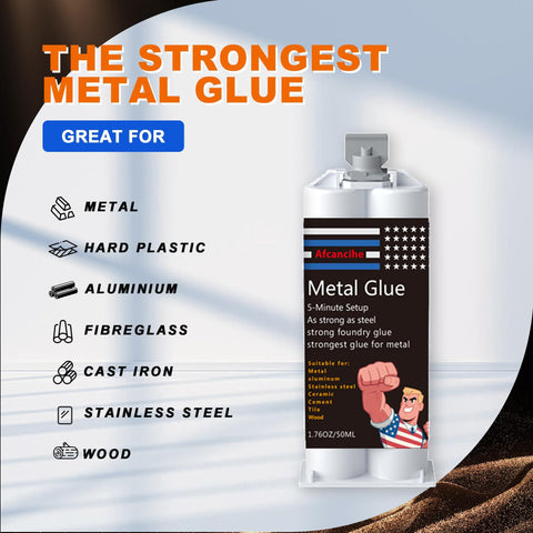 Product label showing Rugged Metal Repair Epoxy for steel, iron, aluminum, and fiberglass bonding, 1.76 oz tube.