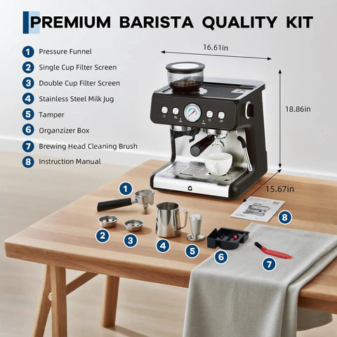 Top Shelf Stainless Steel Espresso Maker Featuring Built In Grinder And 20 Bar Pressure With Custom Shot Dial Plus Quick Steam Wand For Creamy Lattes And Killer Home Brews Daily on a wooden table with accessories.