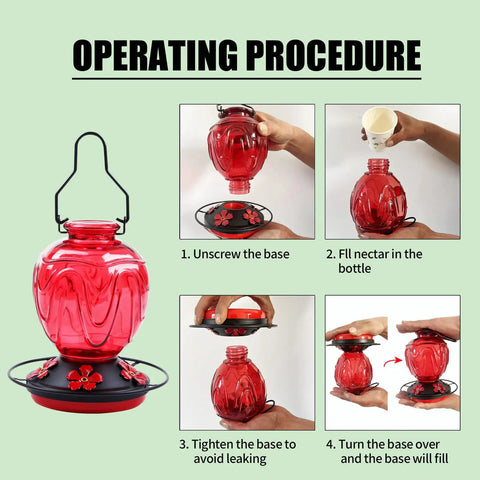 Operating procedure for Red Glass Hummingbird Feeder For Outdoors Hanging 24 Ounce Nectar Feeder With Perch Five Flower Ports Leak Proof Base
