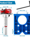 Concealed Hinge Jig for 35mm Hinge Drilling Guide Woodworking with Adjustable Bit and Hex Wrench No Fuss Easy Setup and Precision Hinge Hole Punch Locator shown with hex wrench and jig dimensions.