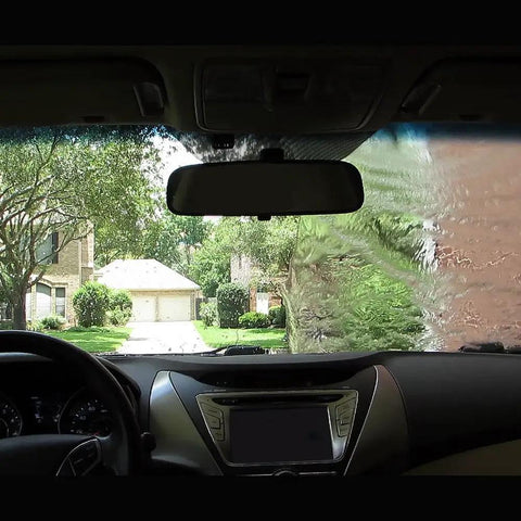 Car windshield showing Plastic Water Beading Spray delivers clear visibility on motorcycle windscreens, goggles, visors and boat windshields.
