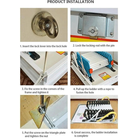 Installation steps for Heavy Duty Electric Attic Ladder Hella Sturdy Telescopic Pull Down with detailed images of parts and assembly.