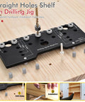 Adjustable Shelf Pin Jig For Cabinets Delivers Dead On Accuracy And Straight Hole Punching Built From Heavy Duty Aluminum Alloy, close-up of jig setup