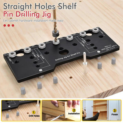 Adjustable Shelf Pin Jig For Cabinets Delivers Dead On Accuracy And Straight Hole Punching Built From Heavy Duty Aluminum Alloy, close-up of jig setup