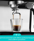 Top Shelf Espresso Machine Featuring A Bright Lcd Screen And Heavy Duty Steam Wand For Pulling Silky Shot Perfection And Rich Houseblend Favorites Whenever You Wanna Sip, showing coffee extraction using a 58mm portafilter.