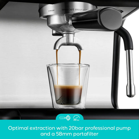 Top Shelf Espresso Machine Featuring A Bright Lcd Screen And Heavy Duty Steam Wand For Pulling Silky Shot Perfection And Rich Houseblend Favorites Whenever You Wanna Sip, showing coffee extraction using a 58mm portafilter.