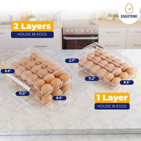 Large Capacity 36 Egg Fridge Organizer with 2 Layer Stackable Tray and Rolling Storage, shown on a kitchen counter