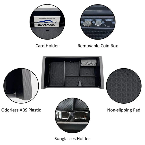 Center Console Organizer Tray Fits GMC Sierra 2014 To 2018 And Yukon Tahoe Suburban Silverado 2015 To 2020 Armrest Storage Box Replaces 22817343 Black Durable Easy To Install with card holder, removable coin box, sunglass holder, and non-slip pad.