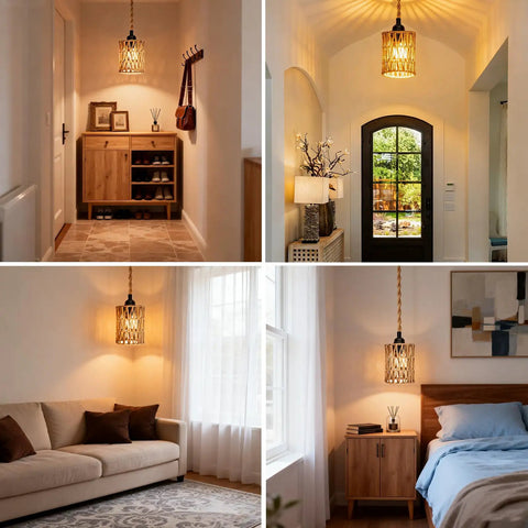 Boho Cylinder Pendant Light Featuring Plug In Flex And Sturdy 15Ft Hemp Rope Plus Handwoven Rattan Shade in cozy living spaces.