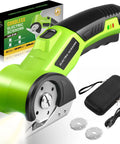 4V Cordless Electric Scissors With 2600mAh Battery, Rechargeable Box Cutter For Cardboard, Fabric, Plastic, Leather & Cloth, Safety Lock, Led Light, Dual Blades Perfect For Diy Crafts & Moving, close-up with blades and accessories.