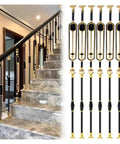 Straight Up Solid Aluminum Stair Spindles Deck Balusters Fully Adjustable Railing Kit For Your Dream Staircase 12 Pack displayed on a staircase.