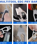 Super Versatile Pocket Pry Bar With Wrench And Ratchet Screwdrivers Keychain Crowbar Can Opener And Bottle Opener All In One EDC Tool For Everyday Carry And Camping Adventures showcasing multitool functions.