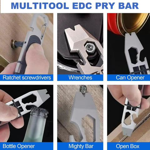 Super Versatile Pocket Pry Bar With Wrench And Ratchet Screwdrivers Keychain Crowbar Can Opener And Bottle Opener All In One EDC Tool For Everyday Carry And Camping Adventures showcasing multitool functions.