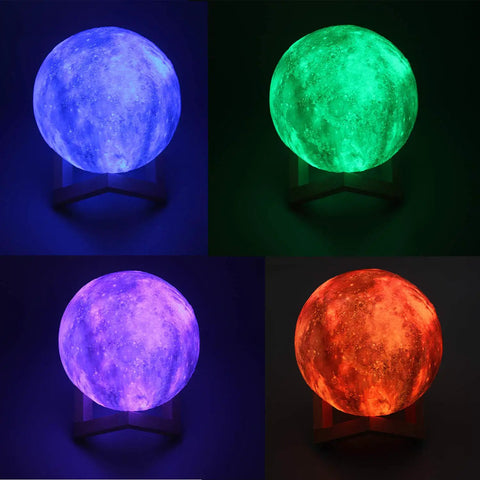 Moon Galaxy Lamp Night Light For Kids With 16 Colors 3D LED Moon With Stand Remote And Touch Control Dimmable Brightness USB Rechargeable Timed Auto Off Cool Gift For Boys Girls Friends Christmas Birthday. Four glowing moons in blue, green, purple, and red on stands in a dark setting