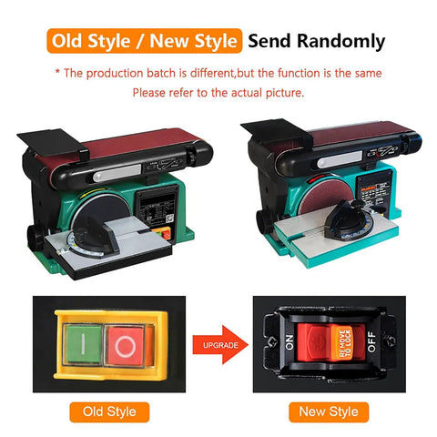 Shop Grade 550W Desktop Belt Sander Featuring Rock Solid Cast Iron Base And Zero To Forty Five Degree Adjustable Workbench with old and new switch styles.