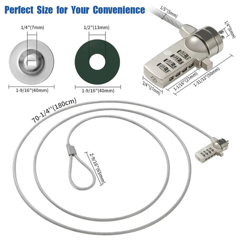 Heavy Duty Laptop Cable Lock With A Beefy Steel Core And Slick Combo Code, showing dimensions and design details.