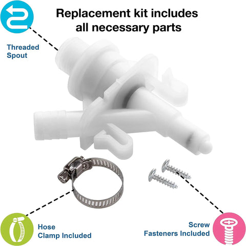 Rv Toilet Water Valve Replacement For Dometic Sealand Pedal Flush Models 300 301 310 311 320 321 Stops Leaks And Weak Flush Diy Install No Plumber Needed Oem 385311641 replacement kit with threaded spout, hose clamp, and screws