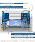 Dope Adjustable DC Buck Converter Power Supply with LCD Display showing 24V, highlighting voltage and current indicators.