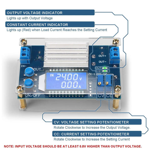 Dope Adjustable DC Buck Converter Power Supply with LCD Display showing 24V, highlighting voltage and current indicators.