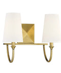 Cameron Modern Farmhouse White Fabric Vanity Wall Light 2-Light Fixture with warm brass finish
