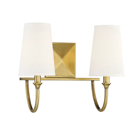 Cameron Modern Farmhouse White Fabric Vanity Wall Light 2-Light Fixture with warm brass finish