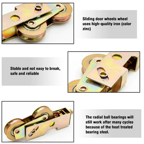 Sliding Door Rollers Replacement Kit For Patio Doors One And A Quarter Inch Tandem Roller Assembly With Five Sixteenth Inch Steel Ball Bearings Durable Construction For Sliding Glass Doors Screen Doors And Gates Two Pack, showing zinc-coated tandem rollers and components.