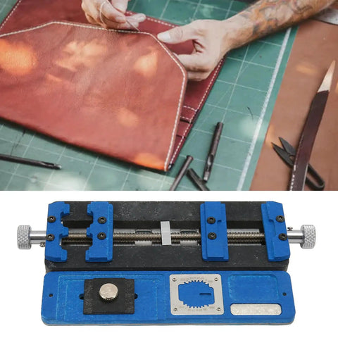 Aluminum Alloy Motherboard Repair Fixture Adjustable Multifunctional PCB Fixing Holder, blue and silver detail view on bench.