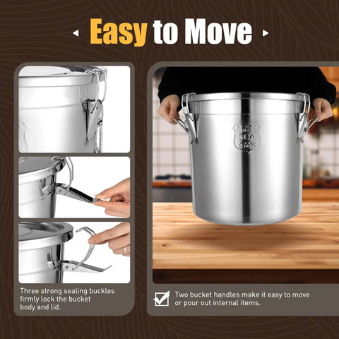 Pro Level Heavy Duty 304 Stainless Steel Airtight Kitchen Canister With Rock Solid Locking Lid And Grippy Handles Mega Pantry Storage Bin, feature two handles for easy lifting.