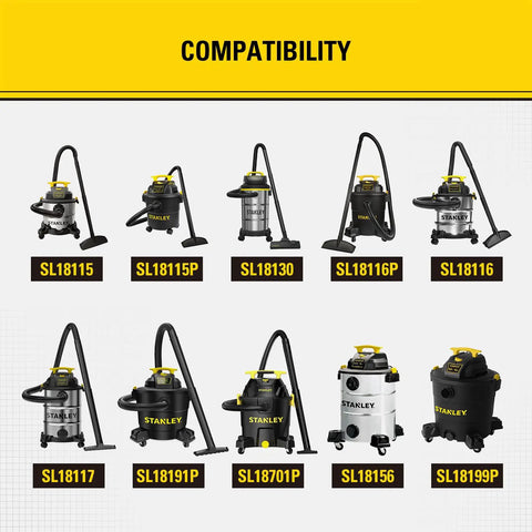 Image of compatible wet dry shop vacuum models for High Efficiency Replacement Cartridge Filter for 5-18 Gallon Wet Dry Shop Vacuums.