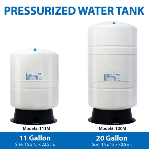 11 Gallon Pre Pressurized Water Storage Tank For Reverse Osmosis Systems, White, Holds Up To 8.2 Gallons, side by side with 20 gallon tank
