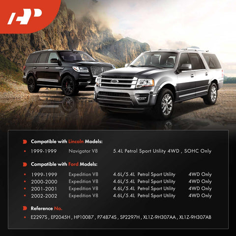 Two SUVs parked in a mountain landscape, compatible with "Fuel Pump Assembly With Sending Unit For Ford Expedition 1999 2000 2001 2002 4.6L 5.4L 4WD And Lincoln Navigator 1999 5.4L Replacement XL1Z 9H307AA Direct Fit Replacement."
